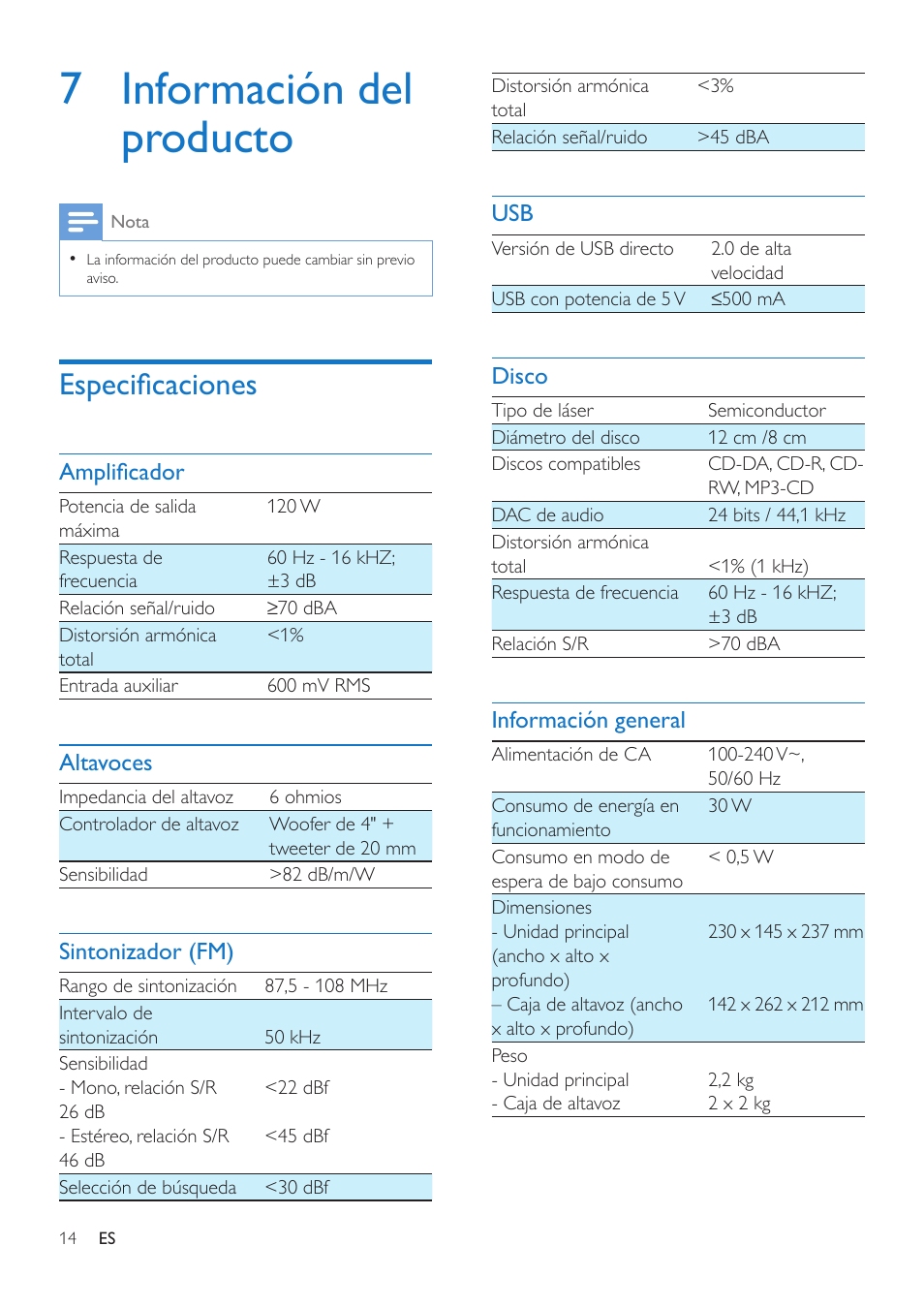 7 información del producto, Especificaciones | Philips Microcadena User Manual | Page 16 / 20