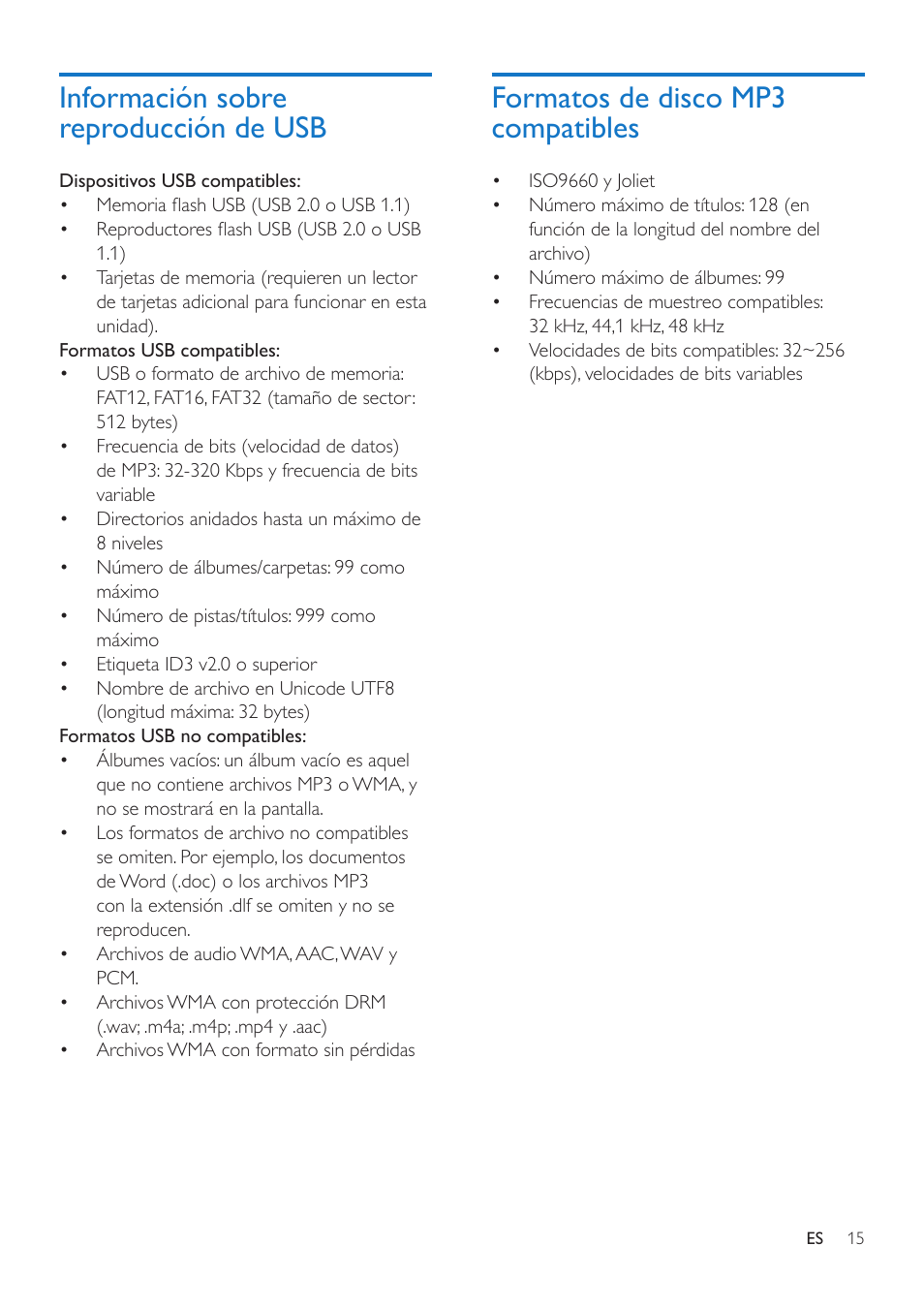 Información sobre reproducción de usb, Formatos de disco mp3 compatibles | Philips Microcadena User Manual | Page 17 / 20