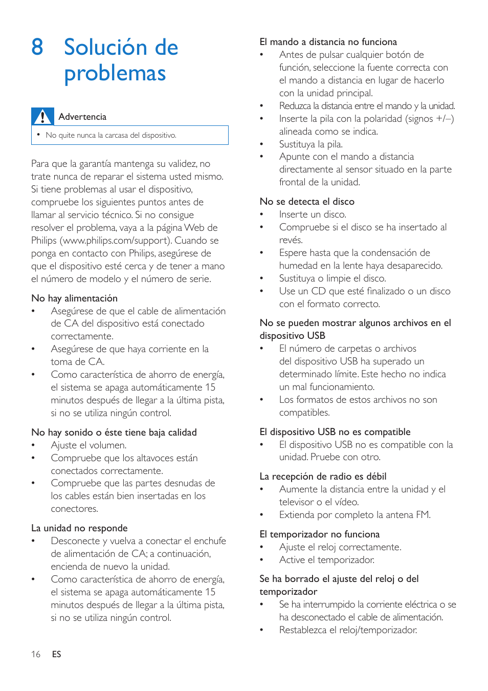 8 solución de problemas | Philips Microcadena User Manual | Page 18 / 20