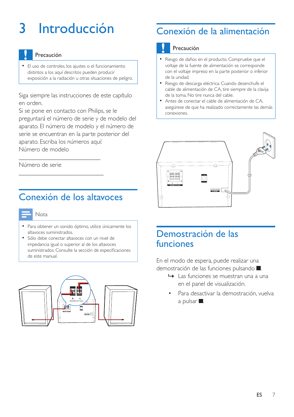 3 introducción, Conexión de los altavoces, Conexión de la alimentación | Demostración de las funciones | Philips Microcadena User Manual | Page 9 / 20