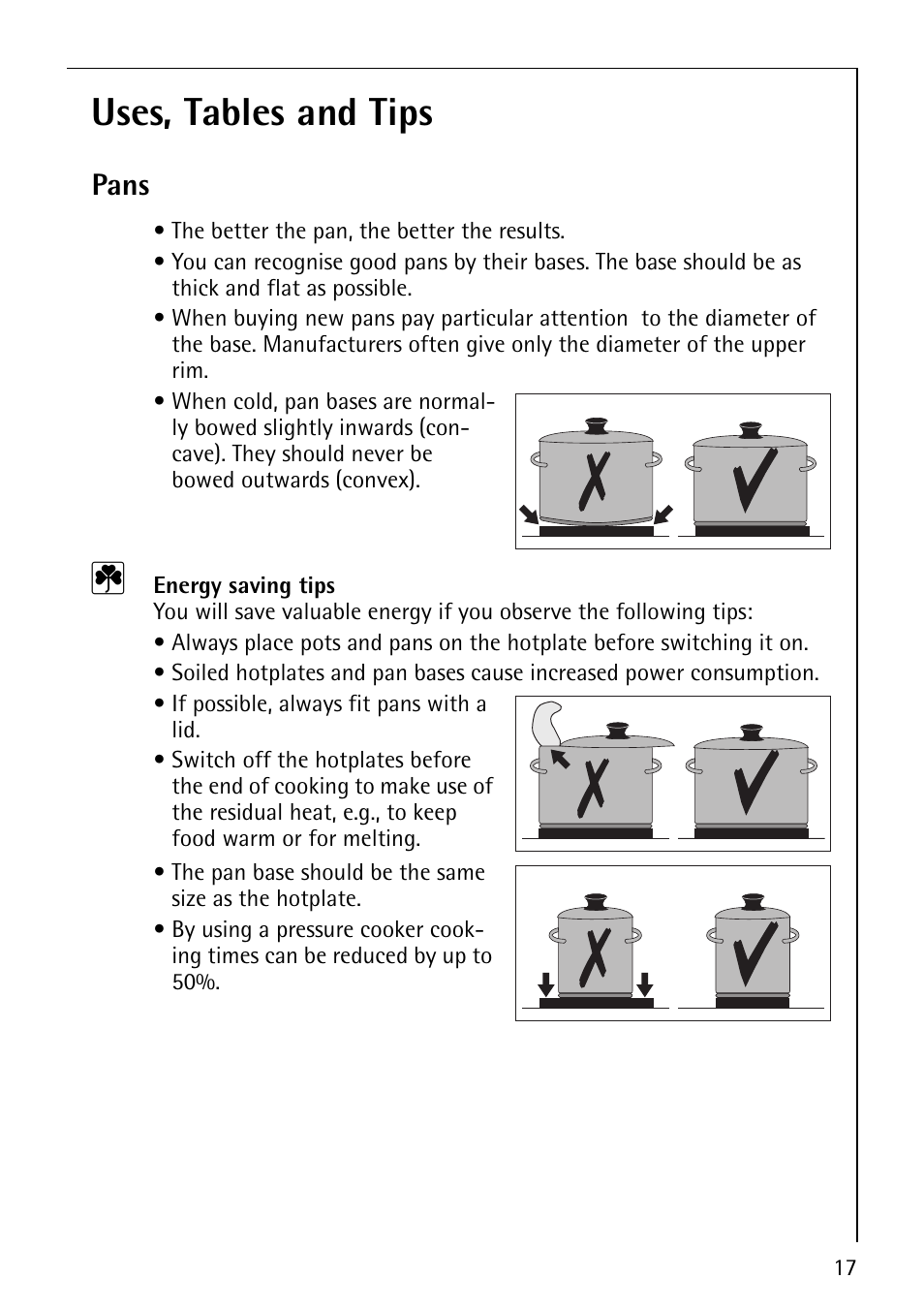 Uses, tables and tips, Pans | AEG 30006FF User Manual | Page 17 / 44