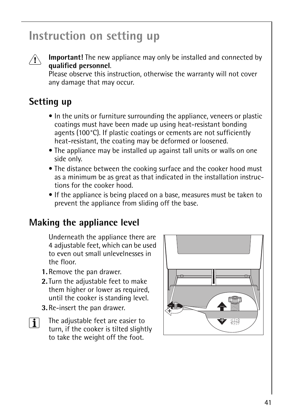 Instruction on setting up 1, Setting up, Making the appliance level | AEG 30006FF User Manual | Page 41 / 44