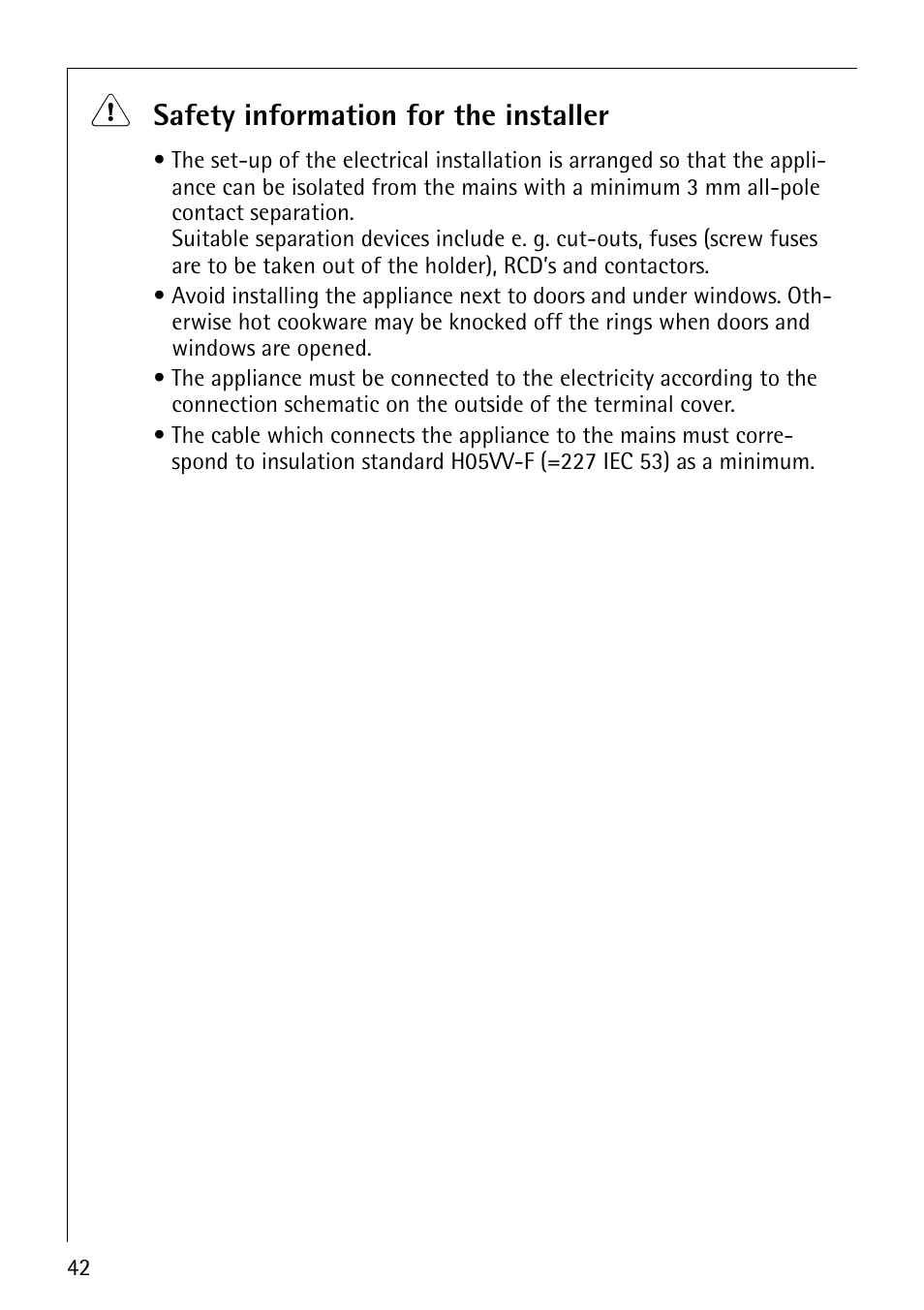 Safety information for the installer | AEG 30006FF User Manual | Page 42 / 44