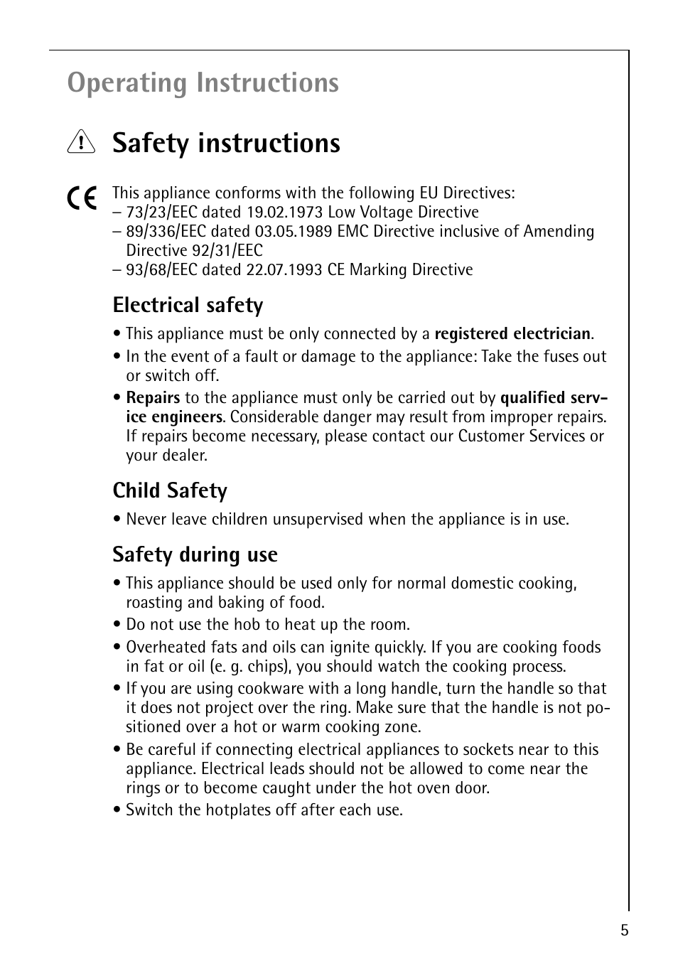 Operating instructions 1 safety instructions 5, Electrical safety, Child safety | Safety during use | AEG 30006FF User Manual | Page 5 / 44