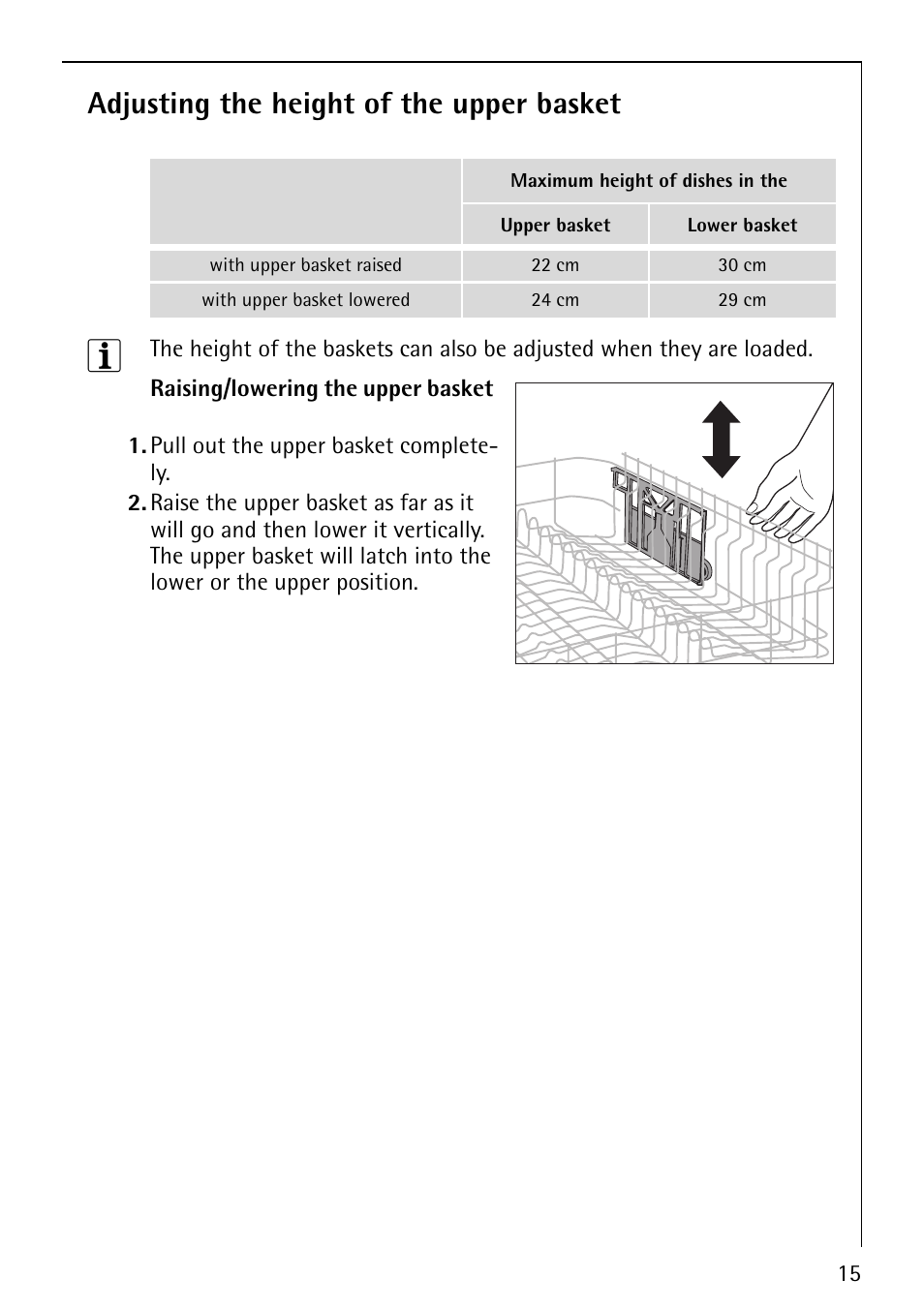 Adjusting the height of the upper basket | AEG FAVORIT 40730 User Manual | Page 15 / 44