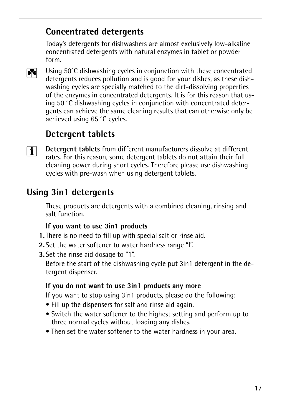 Concentrated detergents, Detergent tablets, Using 3in1 detergents | AEG FAVORIT 40730 User Manual | Page 17 / 44