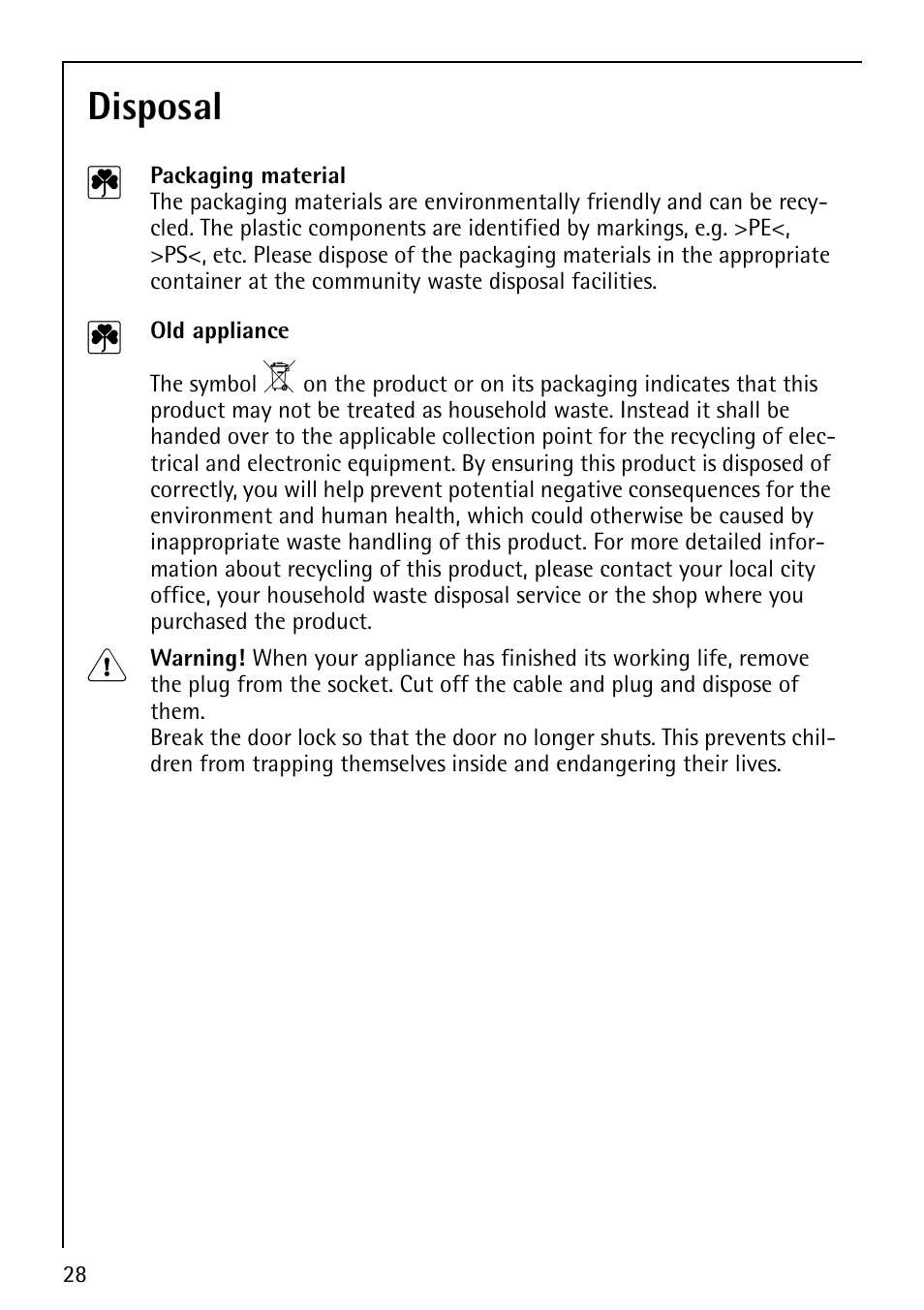 Disposal 2 | AEG FAVORIT 40730 User Manual | Page 28 / 44