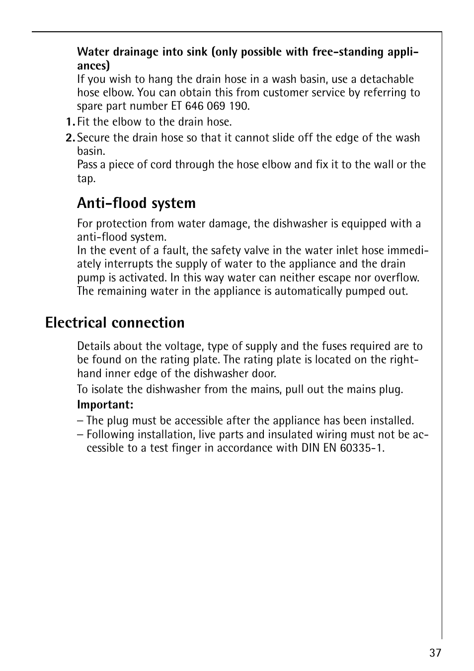 Anti-flood system, Electrical connection | AEG FAVORIT 40730 User Manual | Page 37 / 44