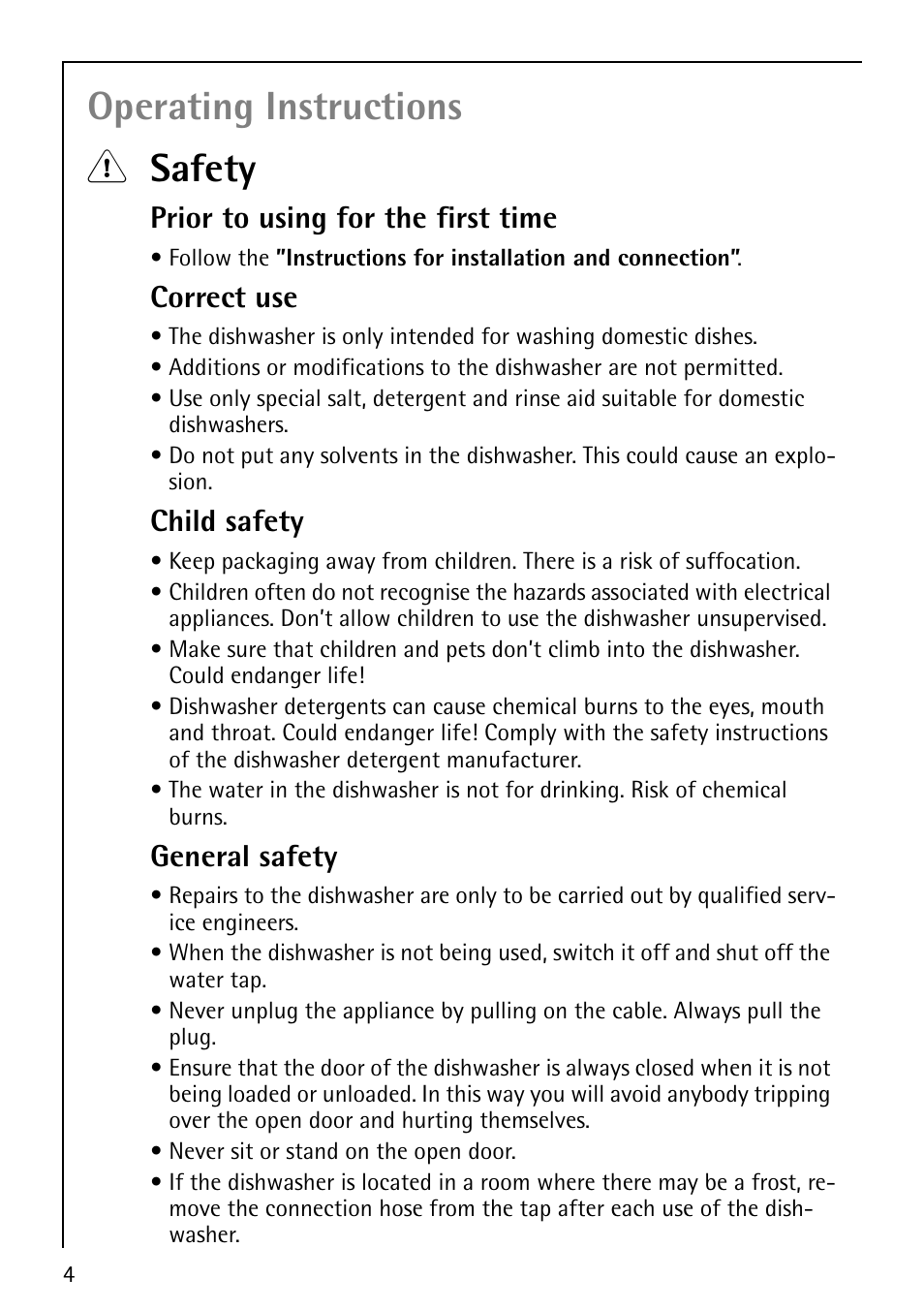 Operating instructions 1 safety, Prior to using for the first time, Correct use | Child safety, General safety | AEG FAVORIT 40730 User Manual | Page 4 / 44