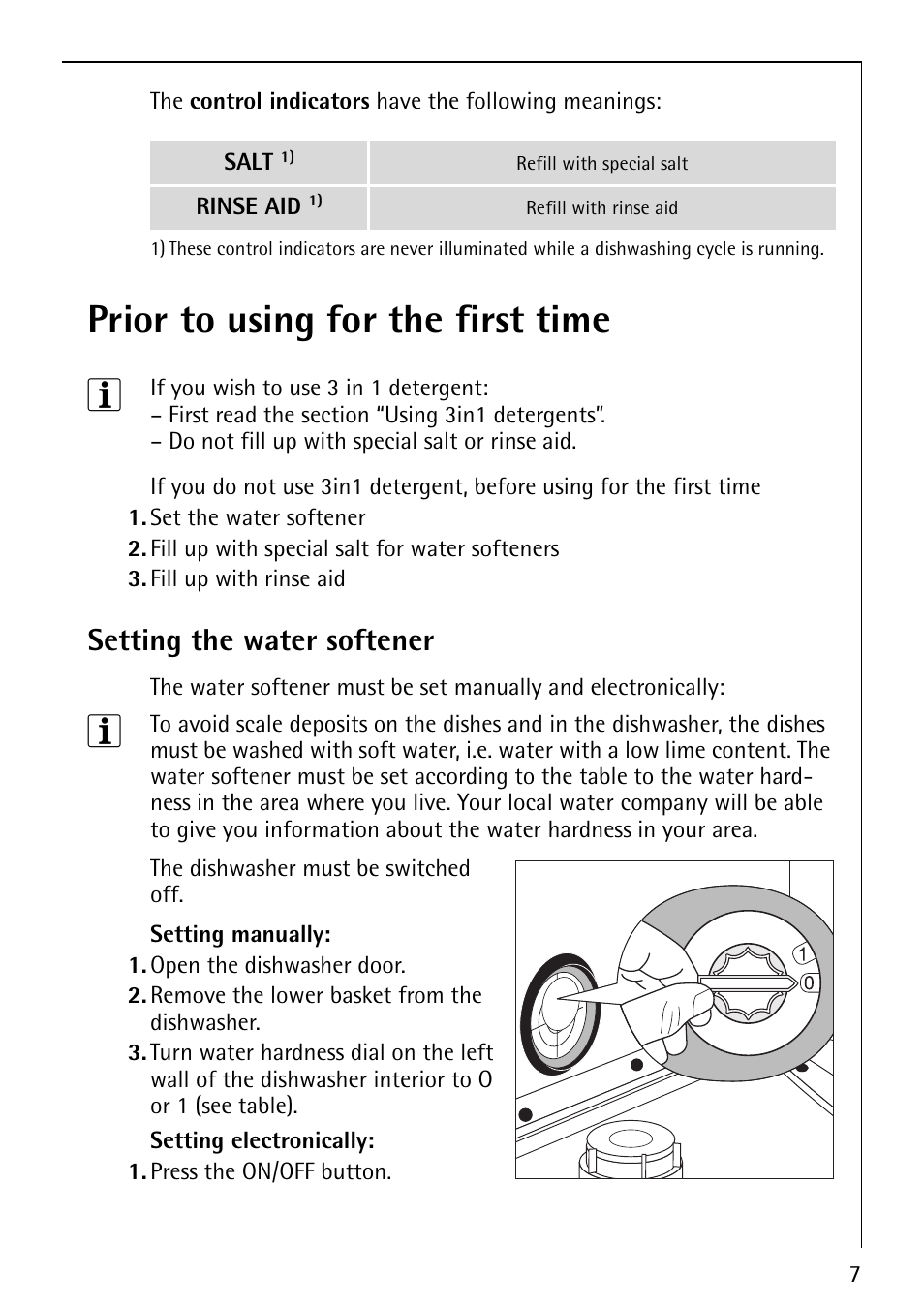 Prior to using for the first time 3, Setting the water softener | AEG FAVORIT 40730 User Manual | Page 7 / 44