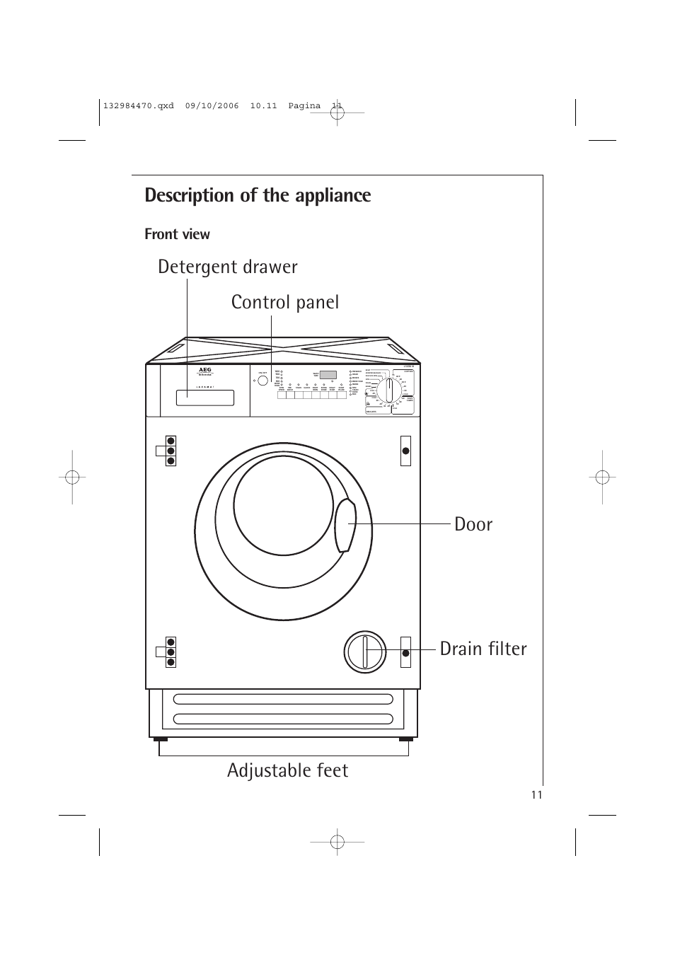 Description of the appliance, Front view | AEG LAVAMAT L 12510 VI User Manual | Page 11 / 55