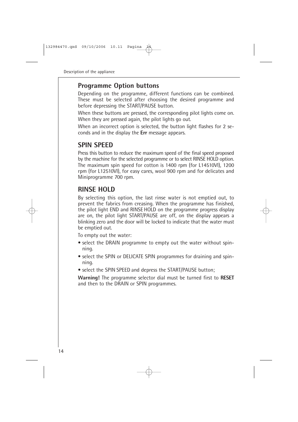 Programme option buttons, Spin speed, Rinse hold | AEG LAVAMAT L 12510 VI User Manual | Page 14 / 55