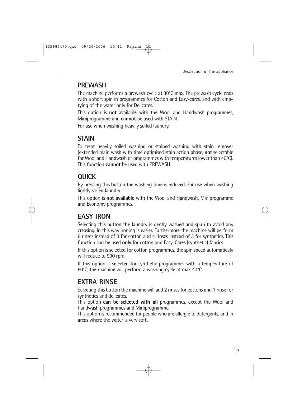 Prewash, Stain, Quick | Easy iron, Extra rinse | AEG LAVAMAT L 12510 VI User Manual | Page 15 / 55