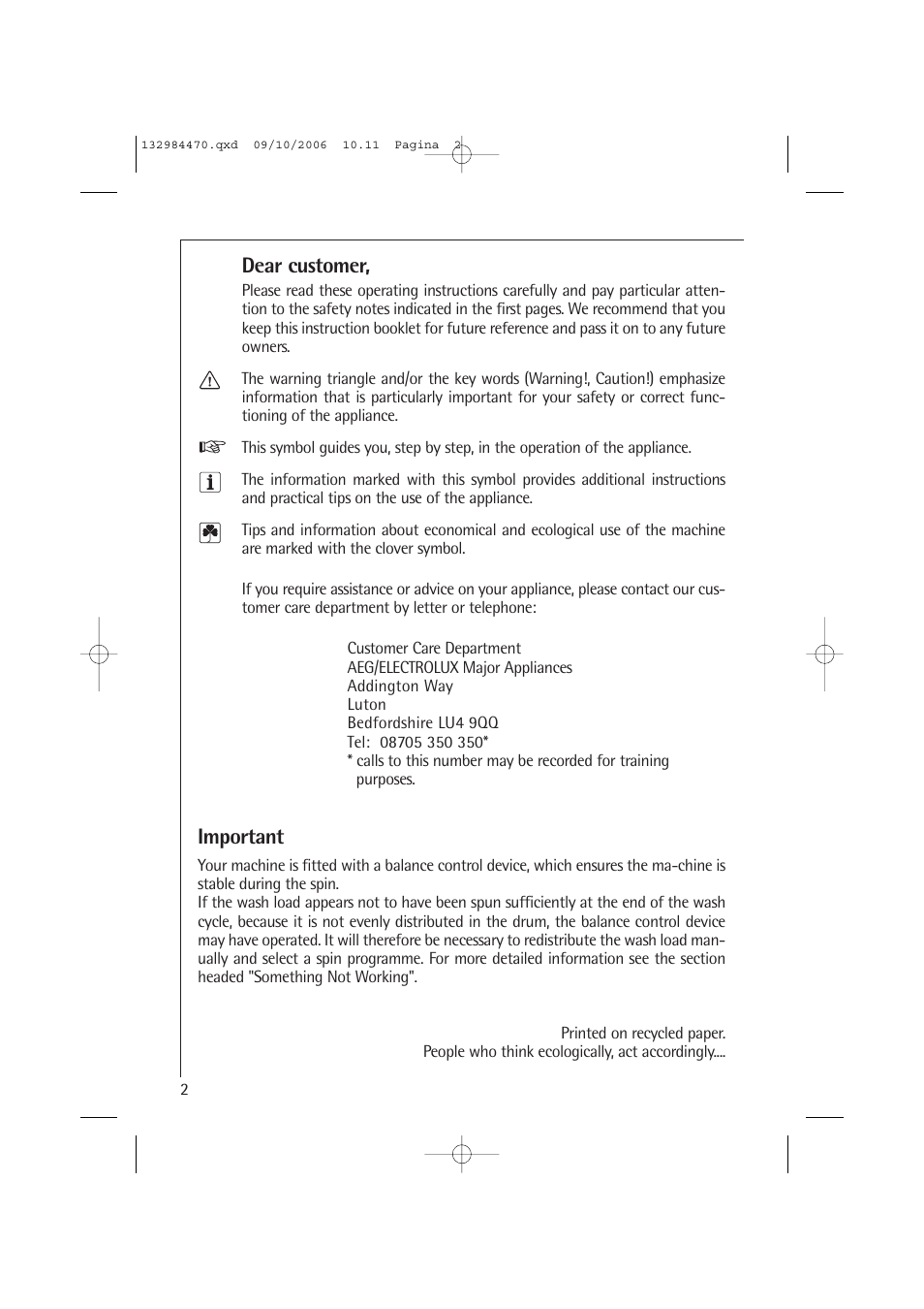 Dear customer, Important | AEG LAVAMAT L 12510 VI User Manual | Page 2 / 55