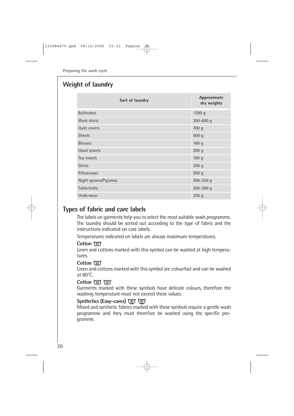 Weight of laundry types of fabric and care labels | AEG LAVAMAT L 12510 VI User Manual | Page 20 / 55