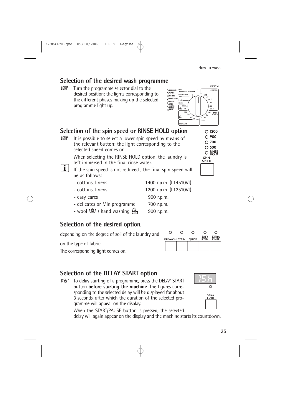 Selection of the desired wash programme, Selection of the spin speed or rinse hold option, Selection of the desired option | Selection of the delay start option, How to wash | AEG LAVAMAT L 12510 VI User Manual | Page 25 / 55