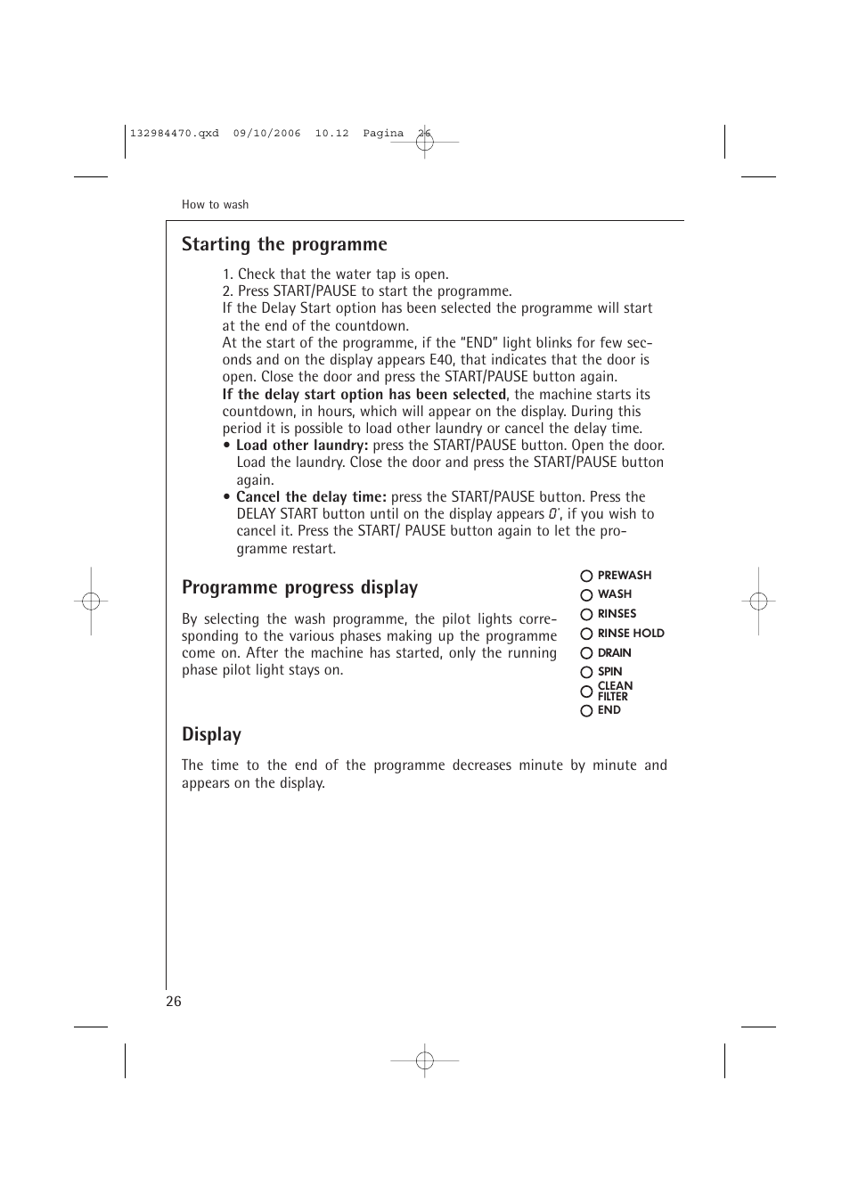 Starting the programme, Programme progress display, Display | AEG LAVAMAT L 12510 VI User Manual | Page 26 / 55