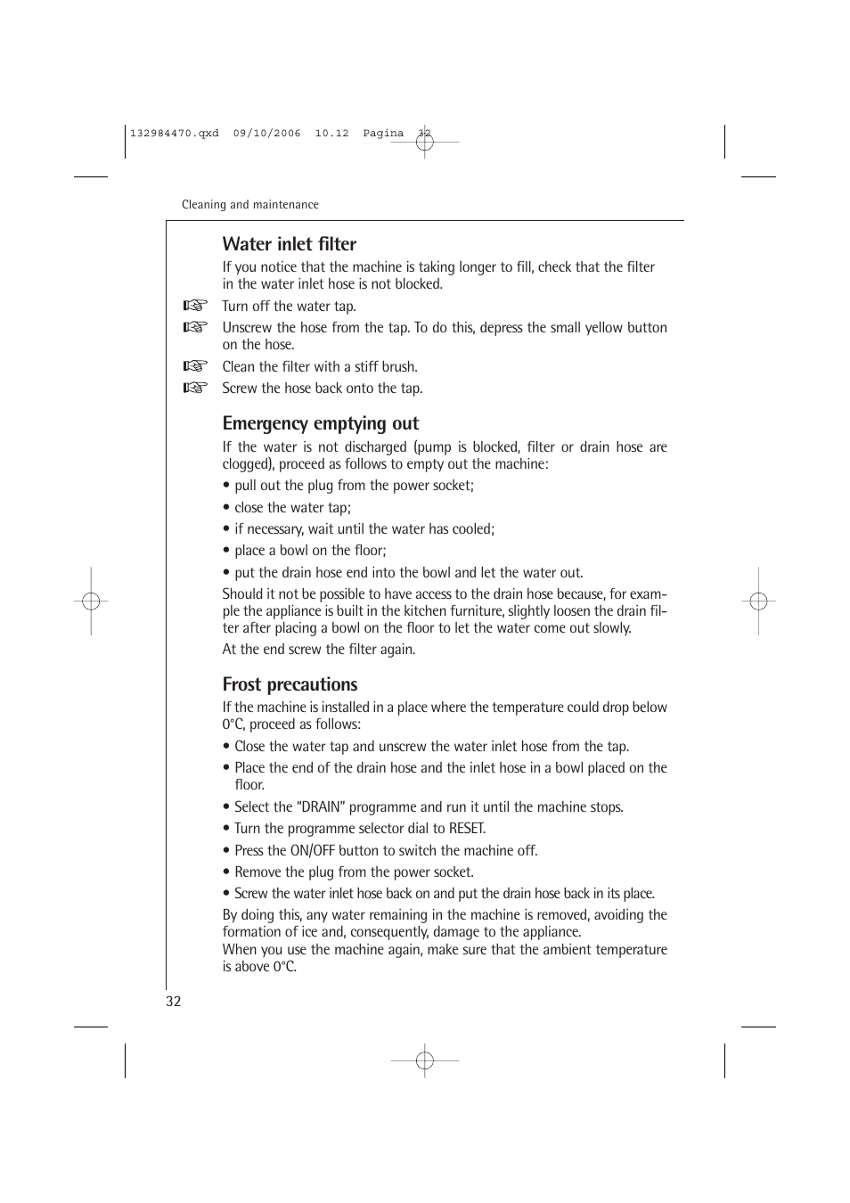 Water inlet filter, Emergency emptying out, Frost precautions | AEG LAVAMAT L 12510 VI User Manual | Page 32 / 55