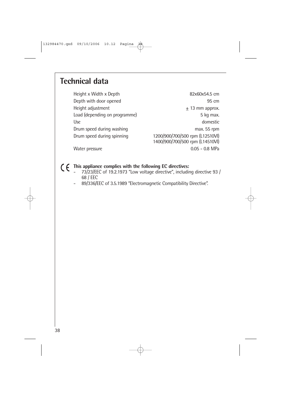 Technical data | AEG LAVAMAT L 12510 VI User Manual | Page 38 / 55