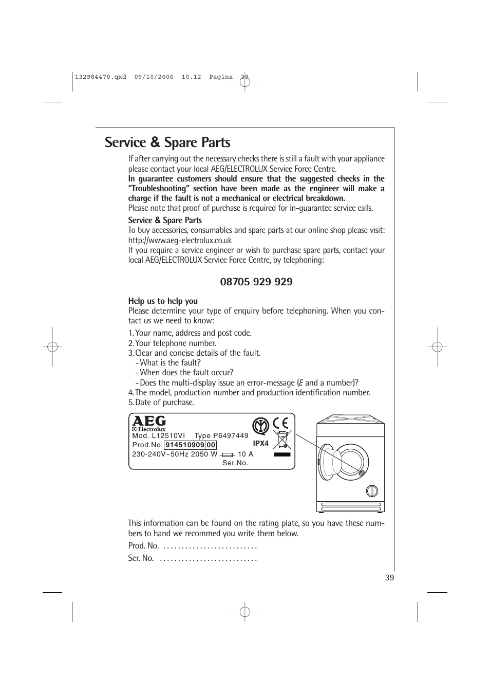 Service & spare parts | AEG LAVAMAT L 12510 VI User Manual | Page 39 / 55