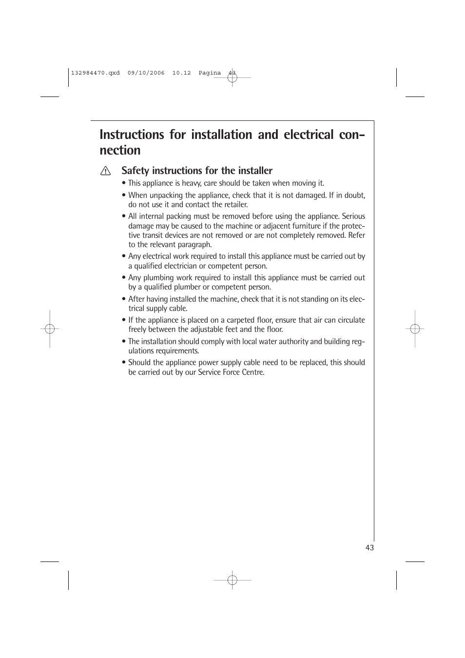 Safety instructions for the installer | AEG LAVAMAT L 12510 VI User Manual | Page 43 / 55