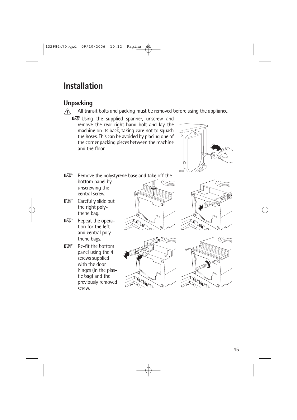 Installation, Unpacking | AEG LAVAMAT L 12510 VI User Manual | Page 45 / 55