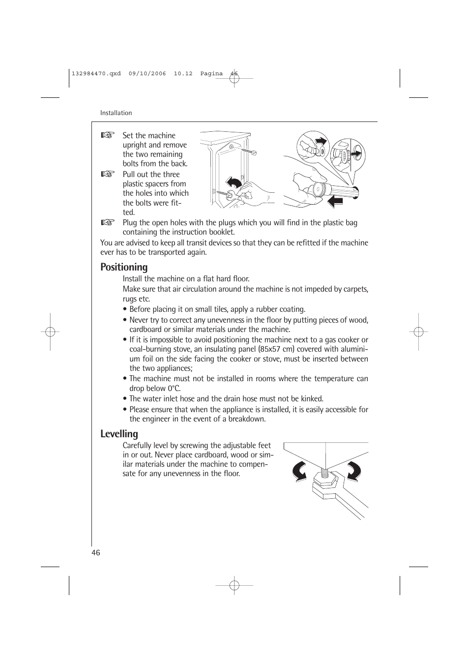 Positioning, Levelling | AEG LAVAMAT L 12510 VI User Manual | Page 46 / 55