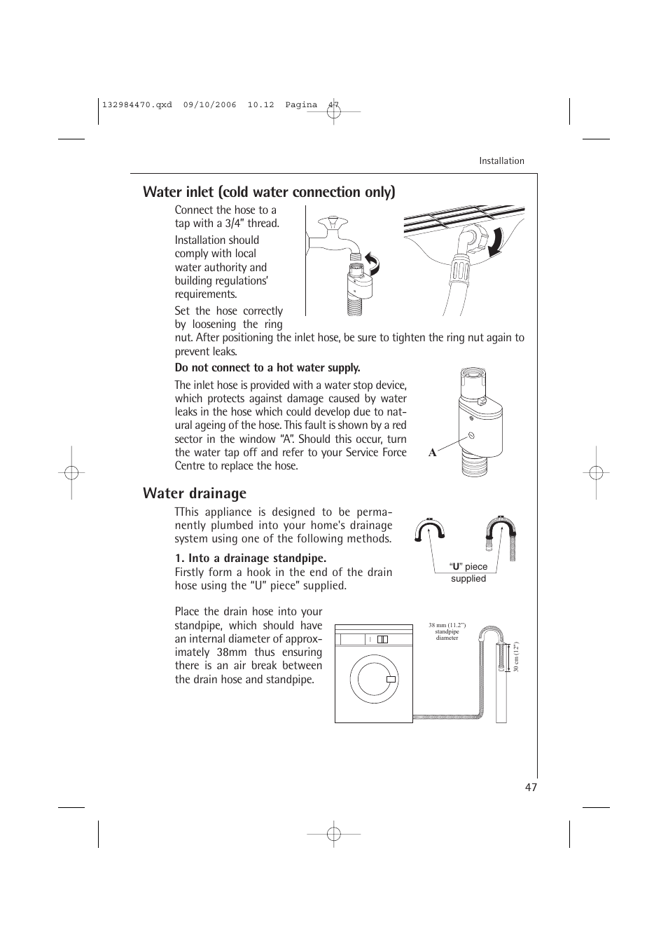 Water inlet (cold water connection only), Water drainage | AEG LAVAMAT L 12510 VI User Manual | Page 47 / 55