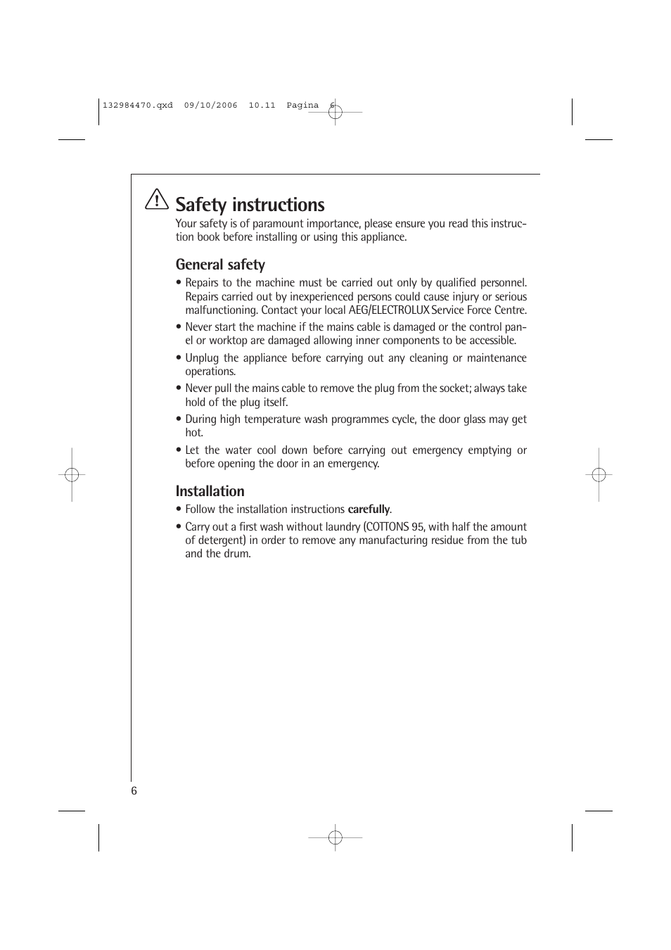 Safety instructions, General safety, Installation | AEG LAVAMAT L 12510 VI User Manual | Page 6 / 55