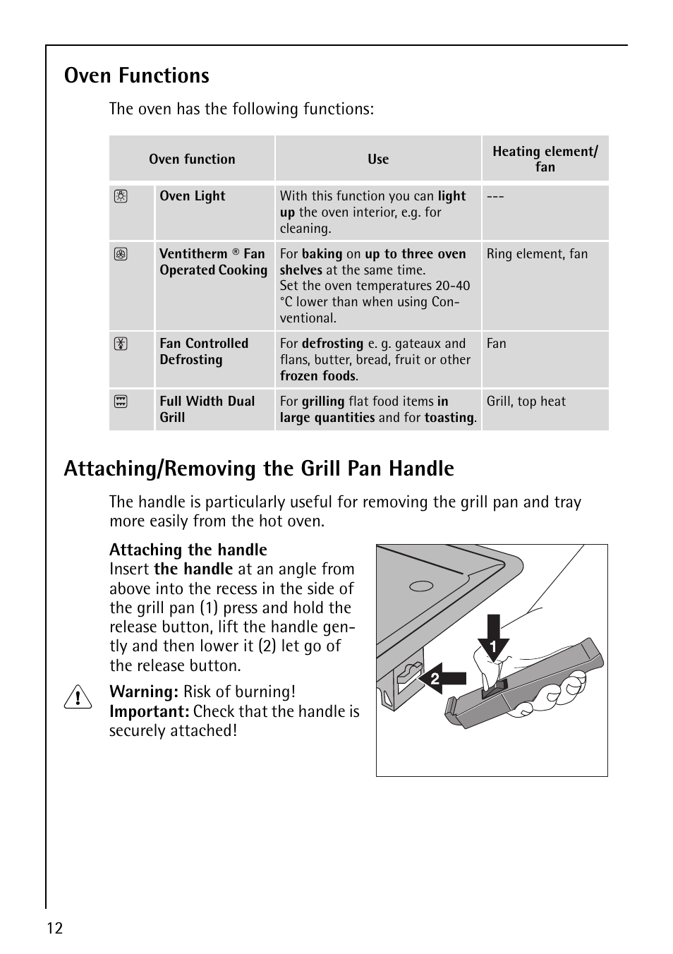 Oven functions, Attaching/removing the grill pan handle | AEG COMPETENCE B1180-4 User Manual | Page 12 / 44