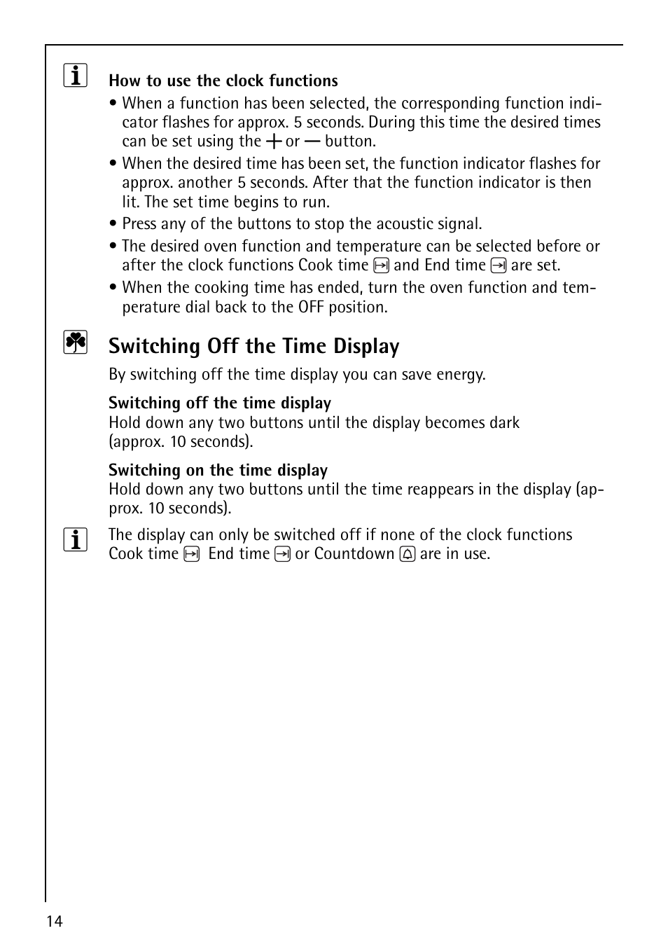 Switching off the time display | AEG COMPETENCE B1180-4 User Manual | Page 14 / 44