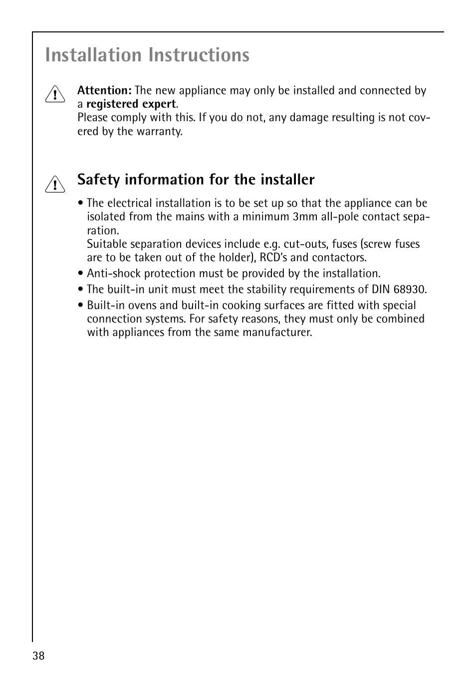 Installation instructions 1 | AEG COMPETENCE B1180-4 User Manual | Page 38 / 44