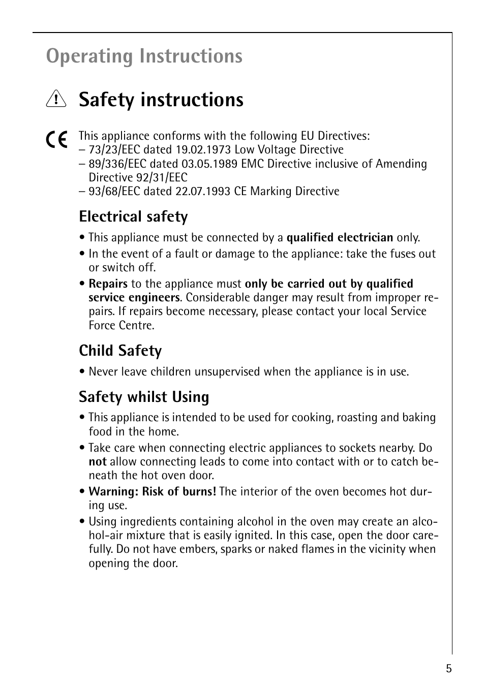 Operating instructions 1 safety instructions 5, Electrical safety, Child safety | Safety whilst using | AEG COMPETENCE B1180-4 User Manual | Page 5 / 44