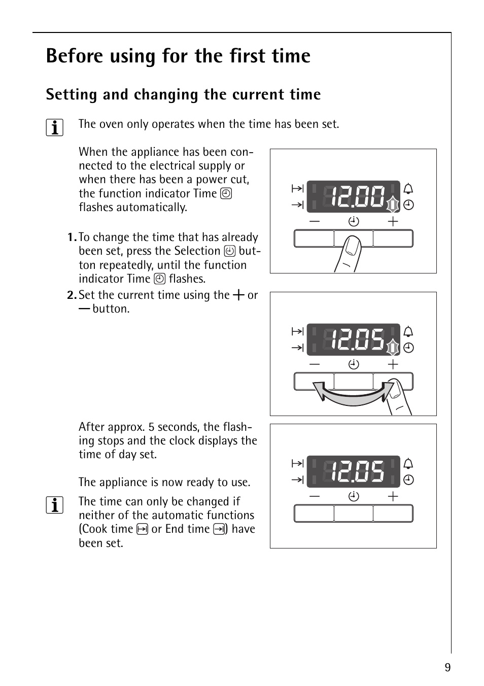 Before using for the first time, Setting and changing the current time | AEG COMPETENCE B1180-4 User Manual | Page 9 / 44