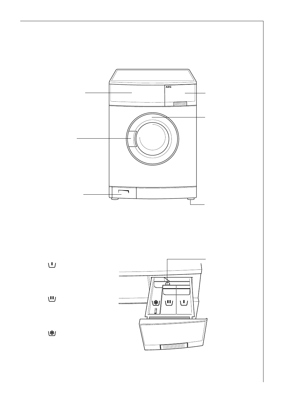 Description of the appliance, Front view drawer for detergent and conditioner | AEG LAVAMAT 60300 User Manual | Page 9 / 48