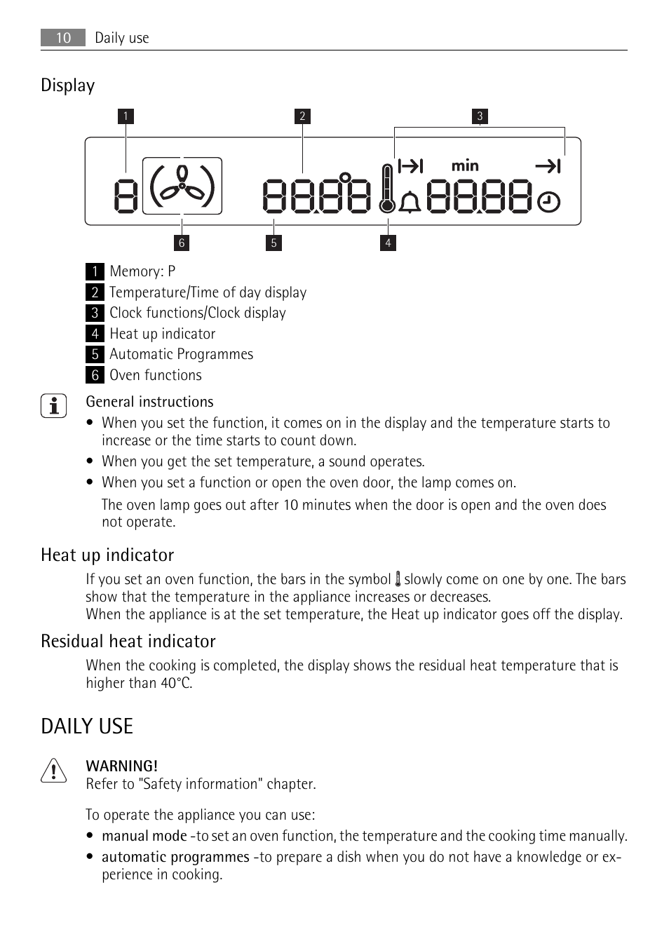 Daily use, Display, Heat up indicator | Residual heat indicator | AEG KB7100000 User Manual | Page 10 / 40