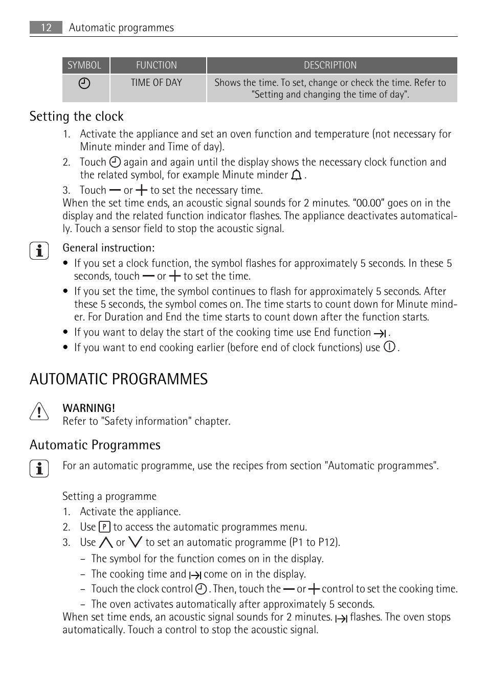 Automatic programmes, Setting the clock | AEG KB7100000 User Manual | Page 12 / 40