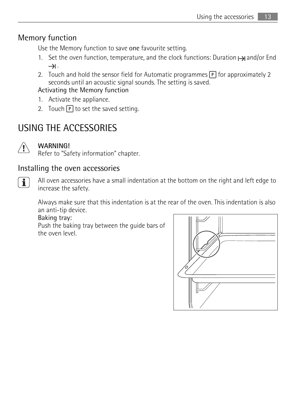 Using the accessories, Installing the oven accessories | AEG KB7100000 User Manual | Page 13 / 40