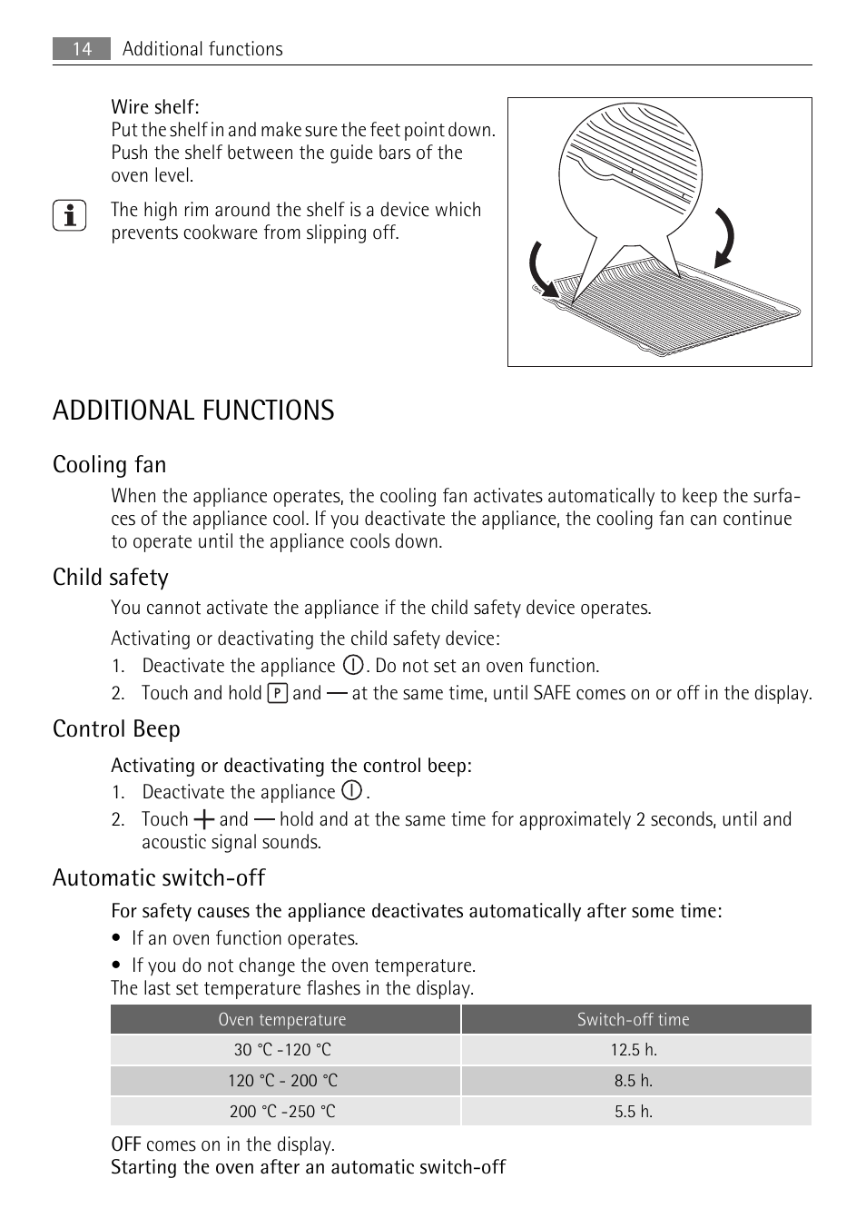 Additional functions, Cooling fan, Child safety | Control beep, Automatic switch-off | AEG KB7100000 User Manual | Page 14 / 40