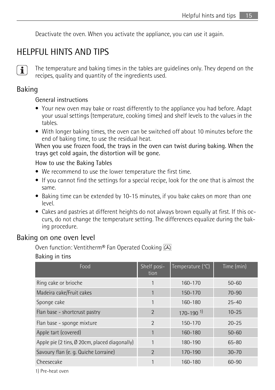 Helpful hints and tips, Baking, Baking on one oven level | AEG KB7100000 User Manual | Page 15 / 40