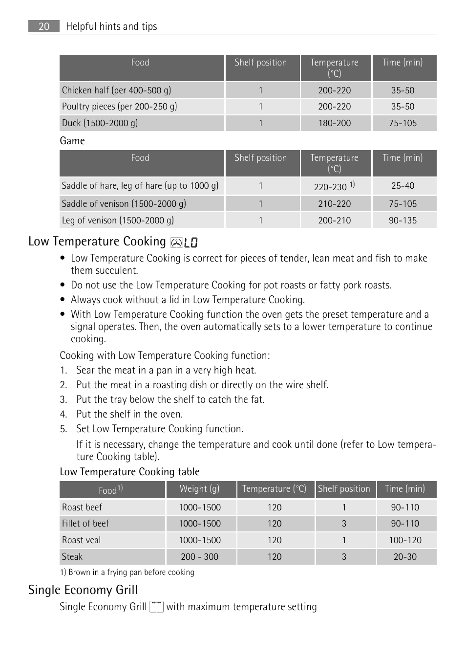 Low temperature cooking, Single economy grill | AEG KB7100000 User Manual | Page 20 / 40