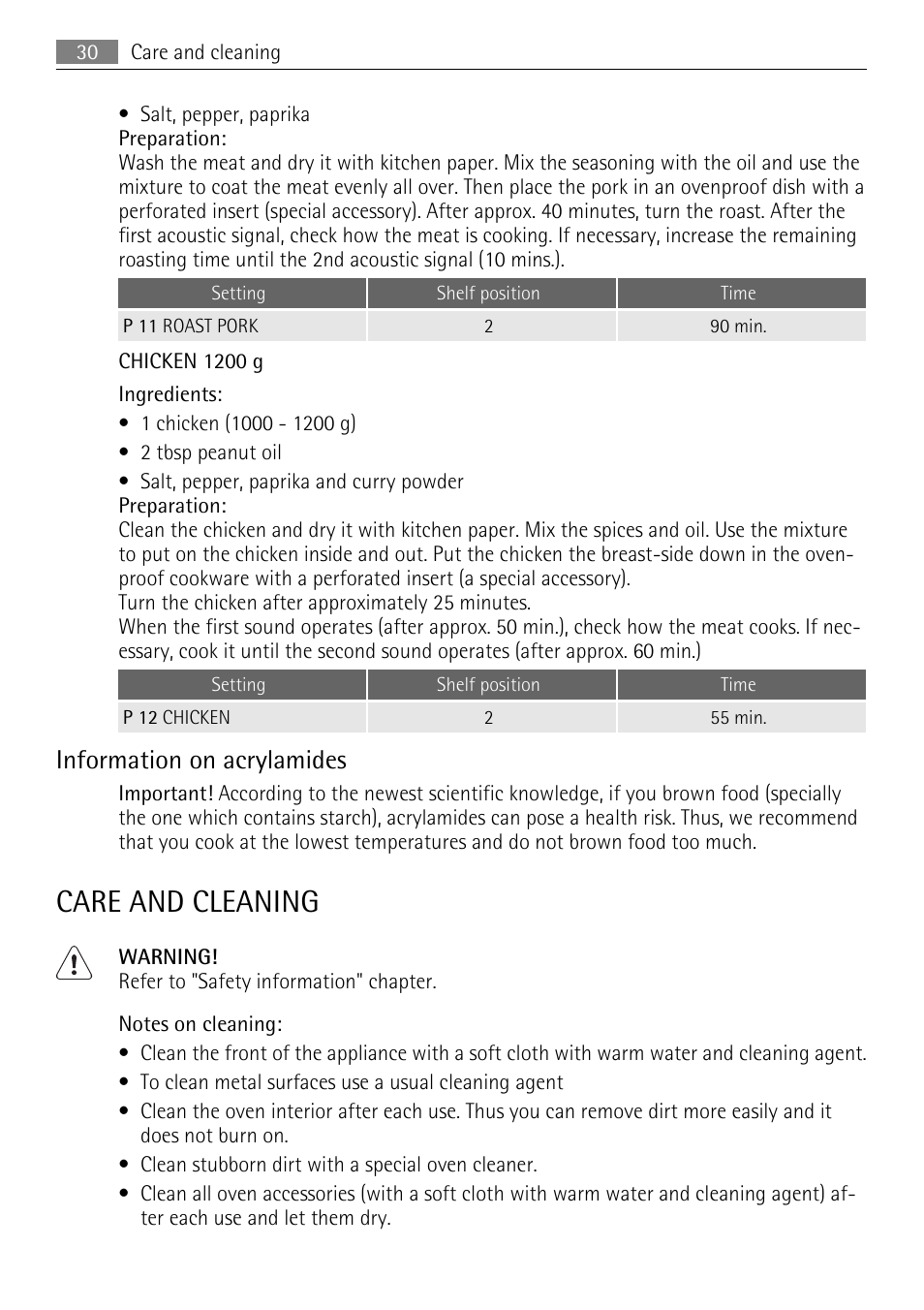Care and cleaning, Information on acrylamides | AEG KB7100000 User Manual | Page 30 / 40
