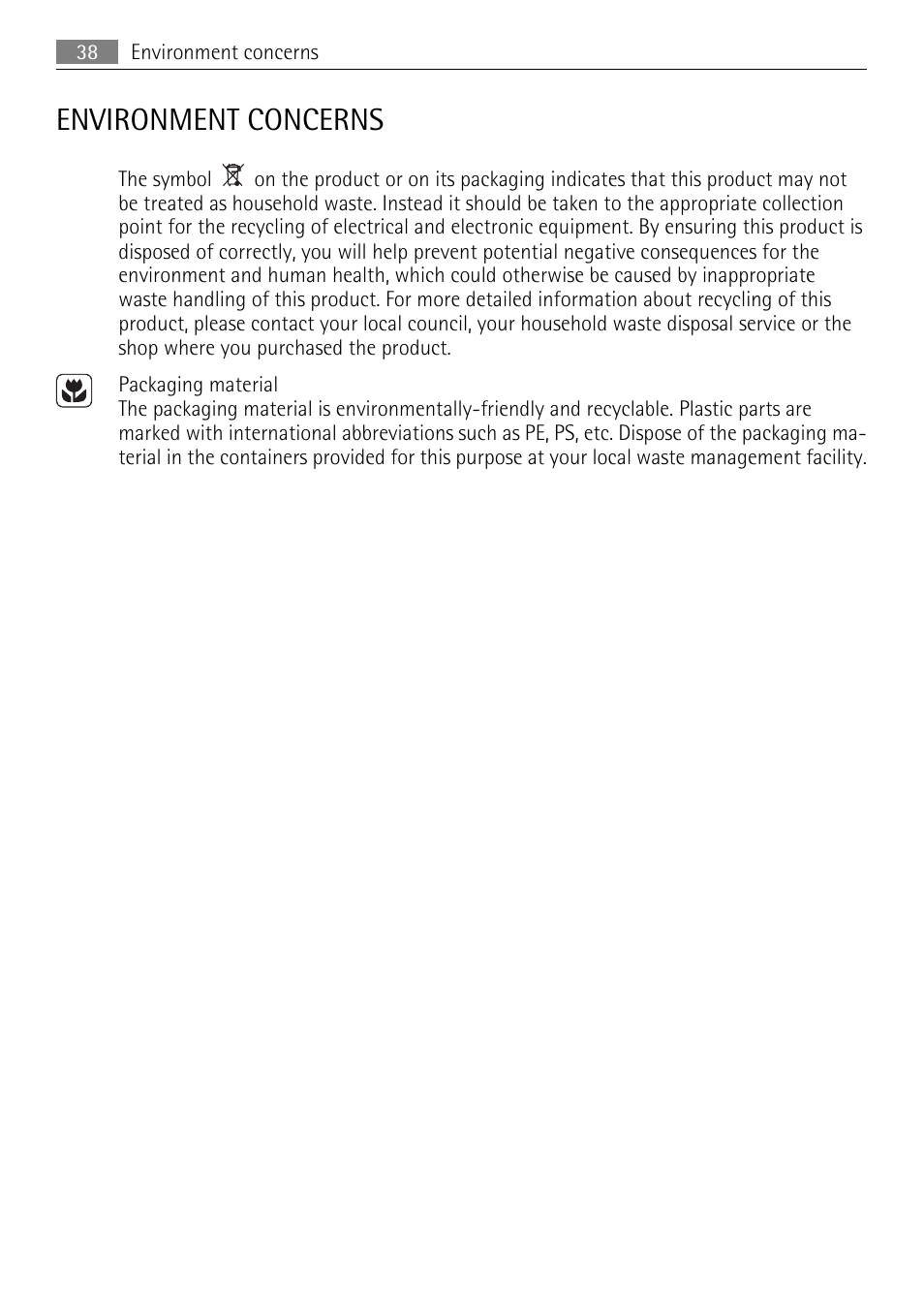 Environment concerns | AEG KB7100000 User Manual | Page 38 / 40