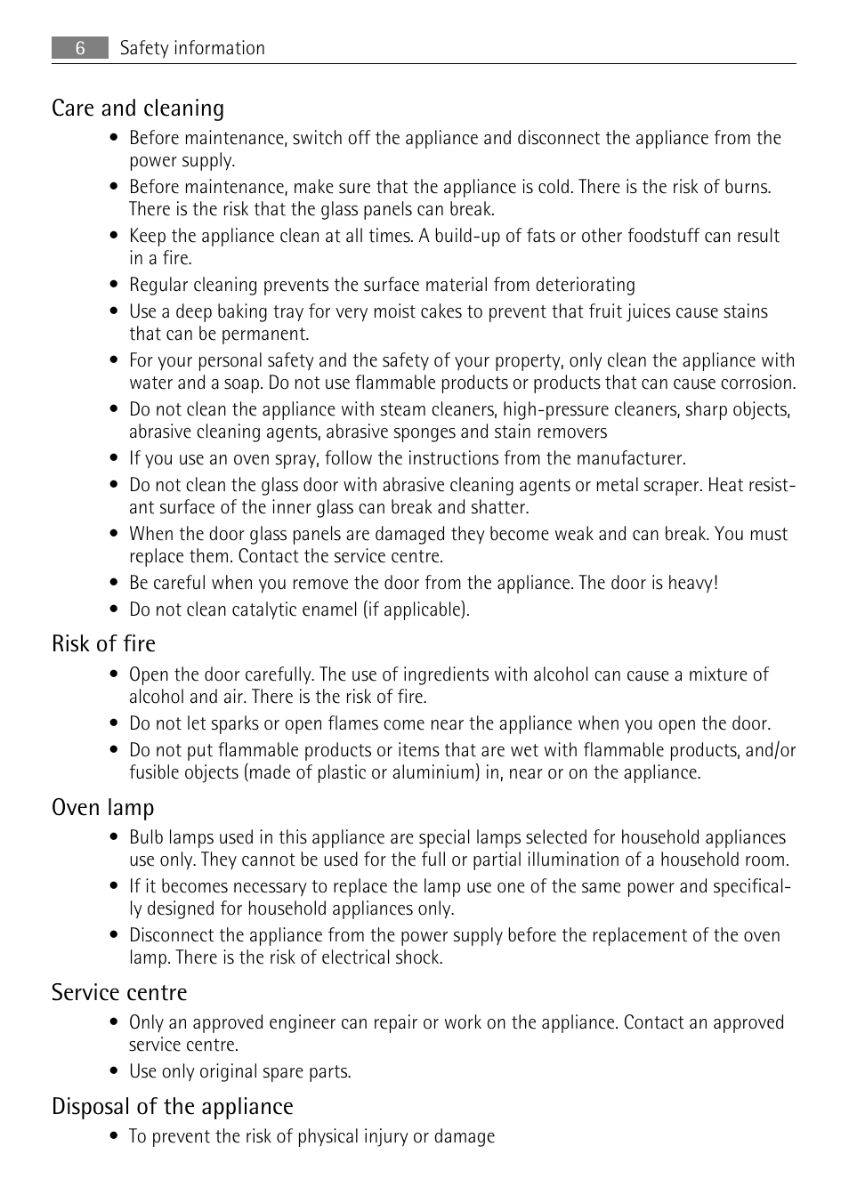 Care and cleaning, Risk of fire, Oven lamp | Service centre, Disposal of the appliance | AEG KB7100000 User Manual | Page 6 / 40