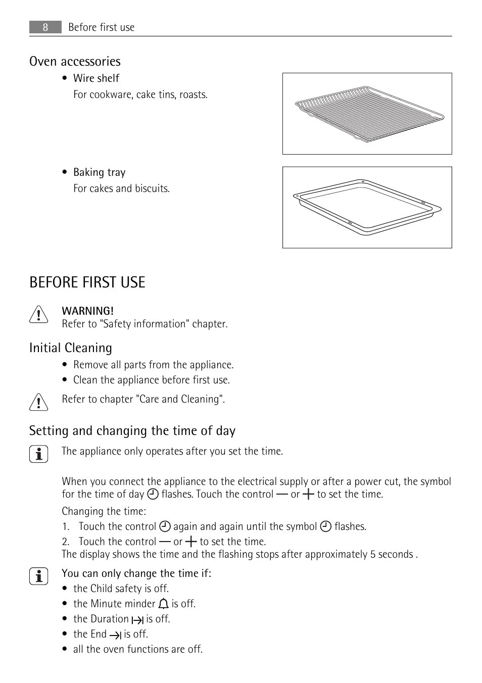 Before first use, Oven accessories, Initial cleaning | Setting and changing the time of day | AEG KB7100000 User Manual | Page 8 / 40