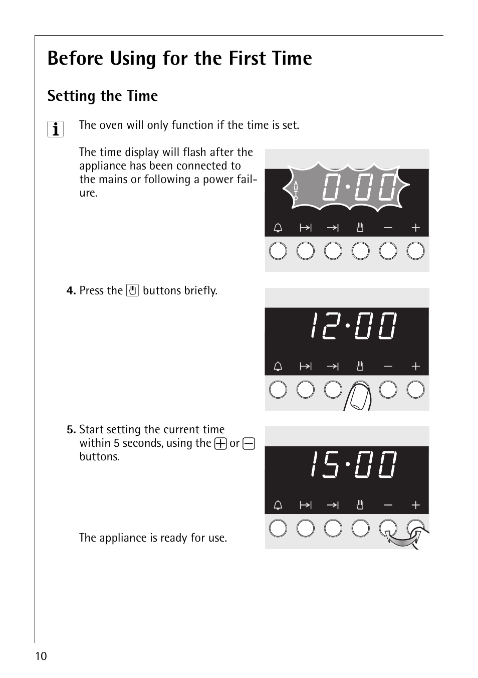 Before using for the first time, Setting the time | AEG COMPETENCE E4130-1 User Manual | Page 10 / 56