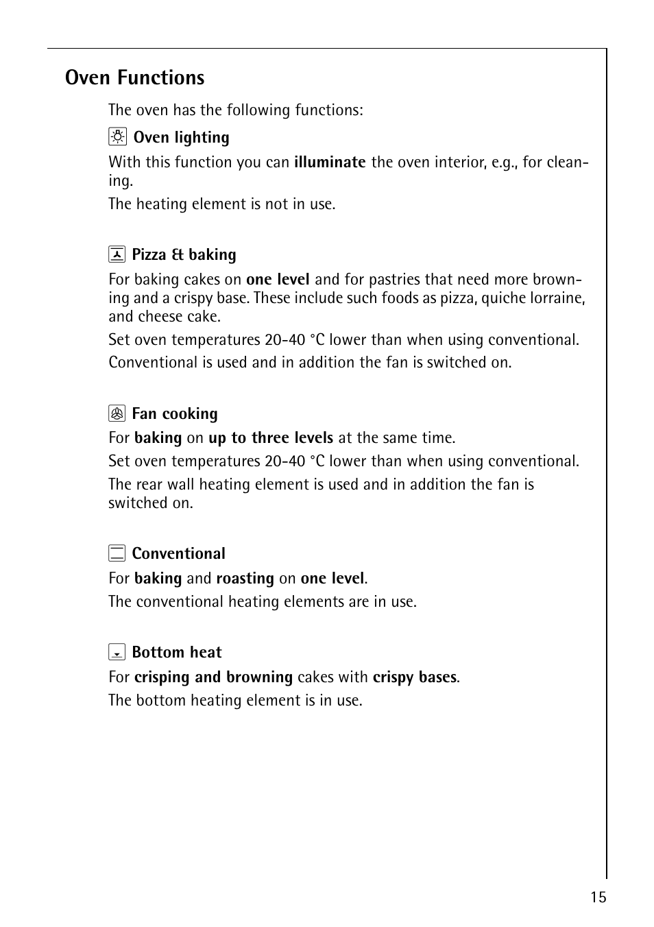 Oven functions | AEG COMPETENCE E4130-1 User Manual | Page 15 / 56