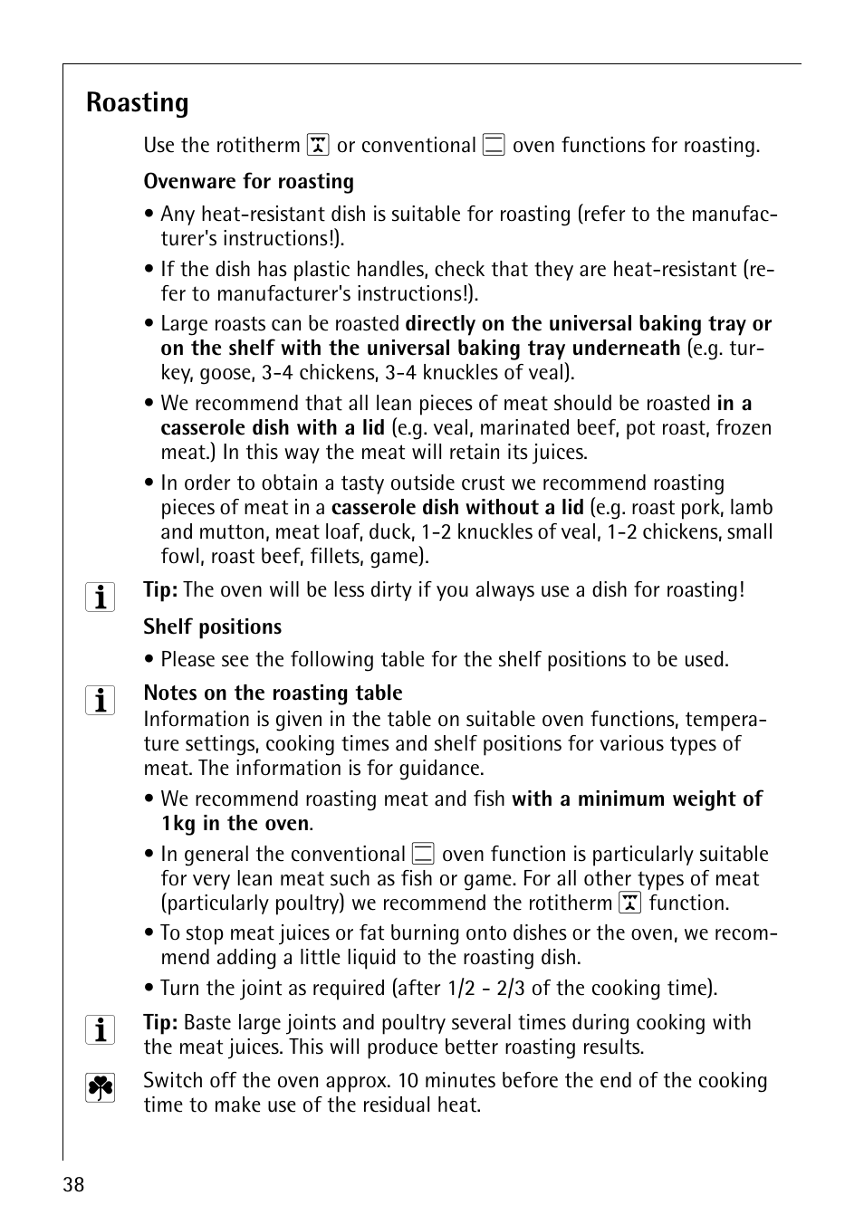 Roasting | AEG COMPETENCE E4130-1 User Manual | Page 38 / 56