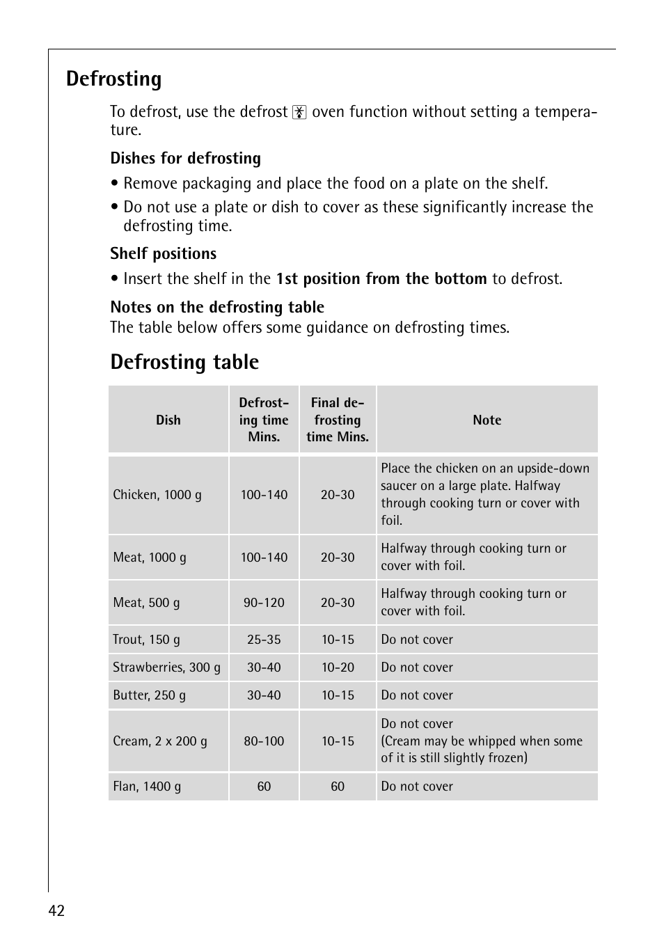 Defrosting, Defrosting table | AEG COMPETENCE E4130-1 User Manual | Page 42 / 56