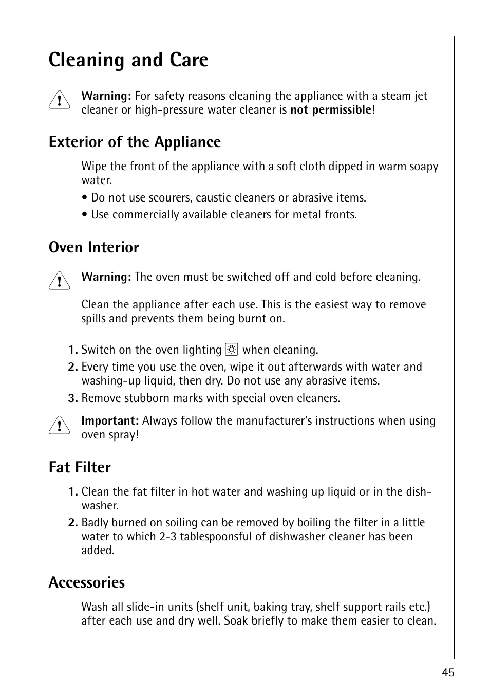 Cleaning and care, Exterior of the appliance, Oven interior | Fat filter, Accessories | AEG COMPETENCE E4130-1 User Manual | Page 45 / 56